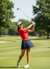 Women’s Sarah Flair Skort featuring a high-waisted shaping fit with red and white detailing — premium activewear for golf, tennis, and pickleball.