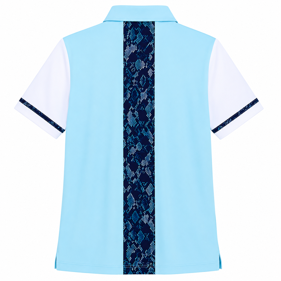 Azure Contrast Polo Top by Ashley Herrera Luxury Activewear featuring metallic snake-print accents, Custom Trim, and luxury country club styling.
