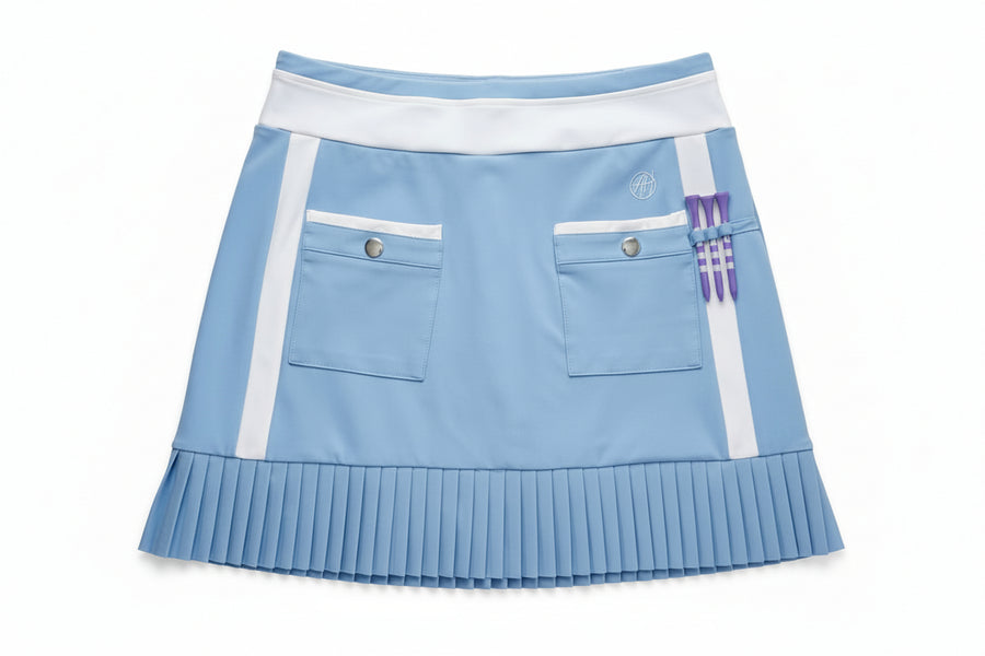 Back of Gracie luxury golf skort with silver button pockets, tee holder, and micro pleats, Tee holders, custom metal snaps