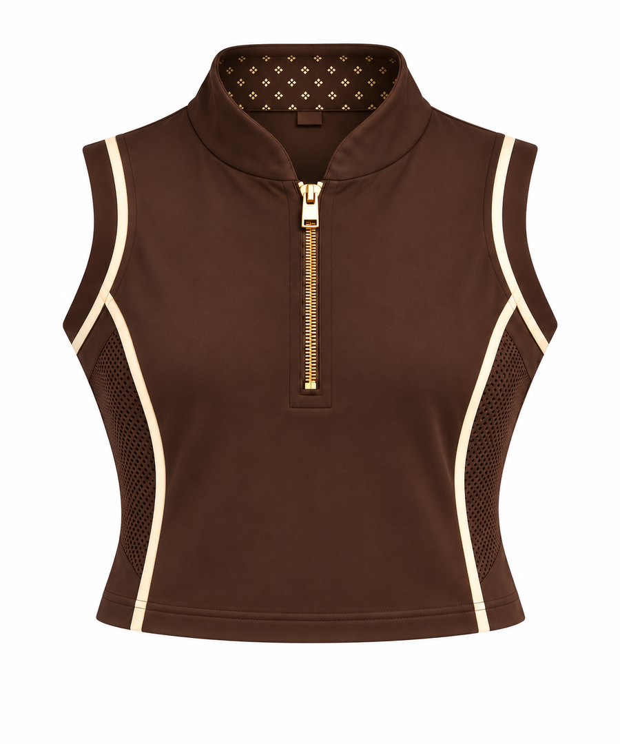 A sleeveless brown luxury top with a half-zip collar, gold zipper, and beige contrast piping details. Modern Length Design