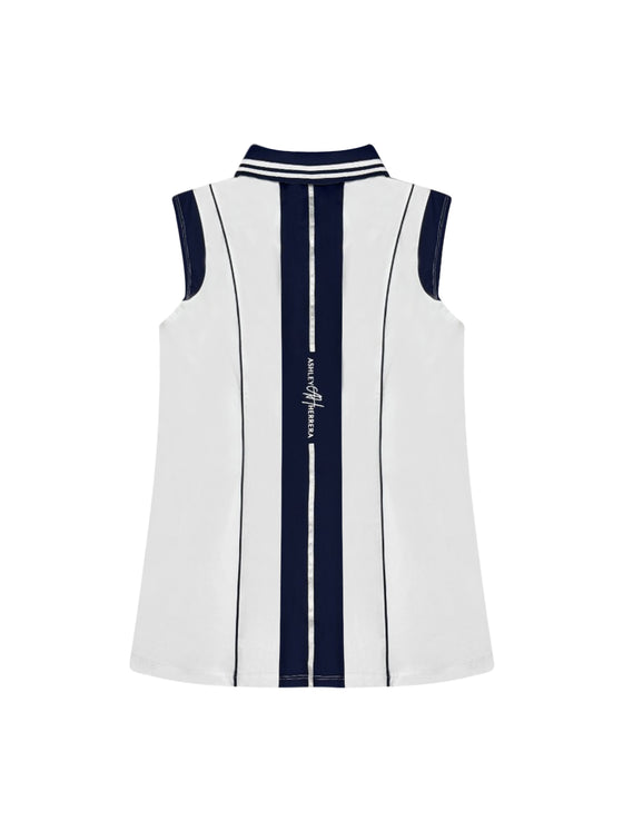 Women’s Christine Luxury Polo featuring elegant contrast piping, ribbon-detailed collar, and refined tailoring — designed for golf, tennis, and everyday activewear.