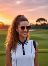 Christine Luxury Polo | Elegant Women’s Golf & Activewear Shirt with Ribbon Collar Detail. Silver Buttons