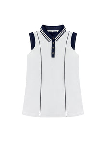  Christine Polo — women’s luxury navy and white golf and tennis polo with contrast piping, custom ribbon collar accents, and premium performance fabric for sophisticated activewear style.