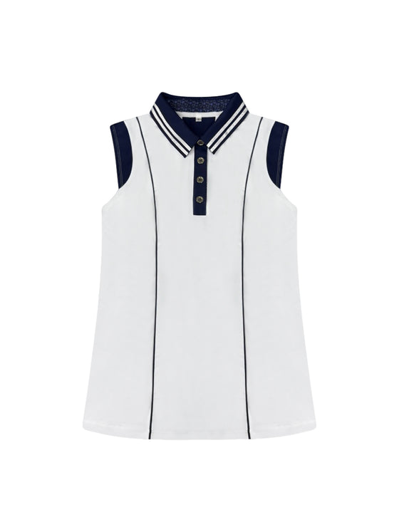 Christine Polo — women’s luxury navy and white golf and tennis polo with contrast piping, custom ribbon collar accents, and premium performance fabric for sophisticated activewear style.
