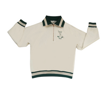  Women’s cream and green golf pullover with gold zipper
Rhinestone golf sweatshirt with 3-tee holder sleeve
Kelly Green collar golf pullover for women 