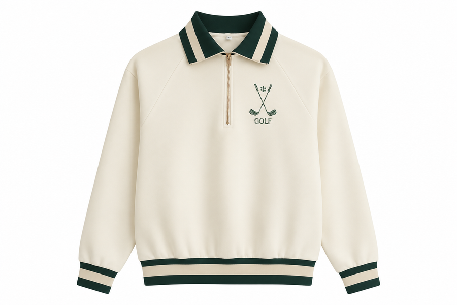 Women’s cream and green golf pullover with gold zipper
Rhinestone golf sweatshirt with 3-tee holder sleeve
Kelly Green collar golf pullover for women 