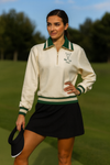 Women’s cream and green golf pullover with gold zipper
Rhinestone golf sweatshirt with 3-tee holder sleeve
Kelly Green collar golf pullover for women