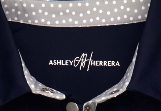 Navy & White Stripe Women’s Active Dress designed for golf, tennis, and pickleball, combining chic style, ease of movement, and all-day comfort. Details around the collar. 