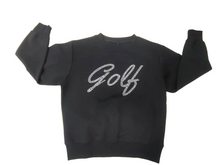  A black sweatshirt with the word 'Golf' written across the front in a white, pearl-like embellishment. Luxury Design with tee holder on the sleeve. Best Seller