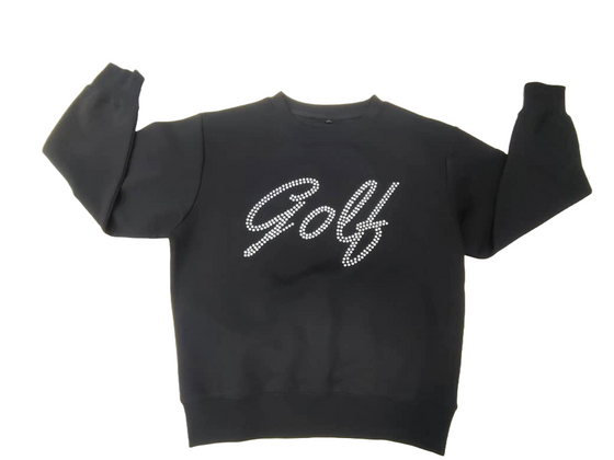 A black sweatshirt with the word 'Golf' written across the front in a white, pearl-like embellishment. Luxury Design with tee holder on the sleeve. Best Seller