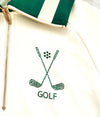 Cream Pullover with green accents and 'GOLF' text Rhinestones on chest. Gold metal zipper