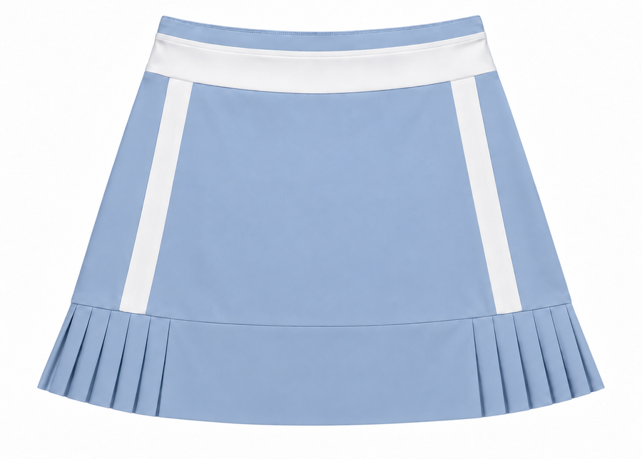 A light blue pleated skirt with white side panels and a white waistband.