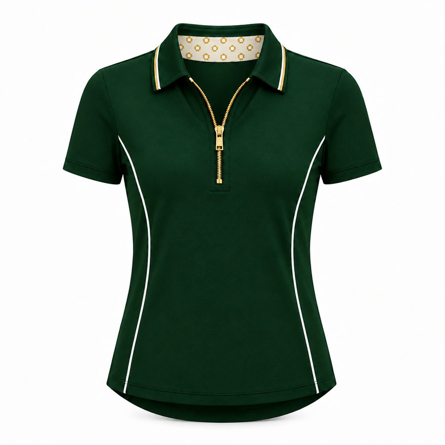 A dark green short-sleeve polo shirt with a half-zip collar, featuring white piping along the sides and a gold zipper pull, shown on a plain white background.