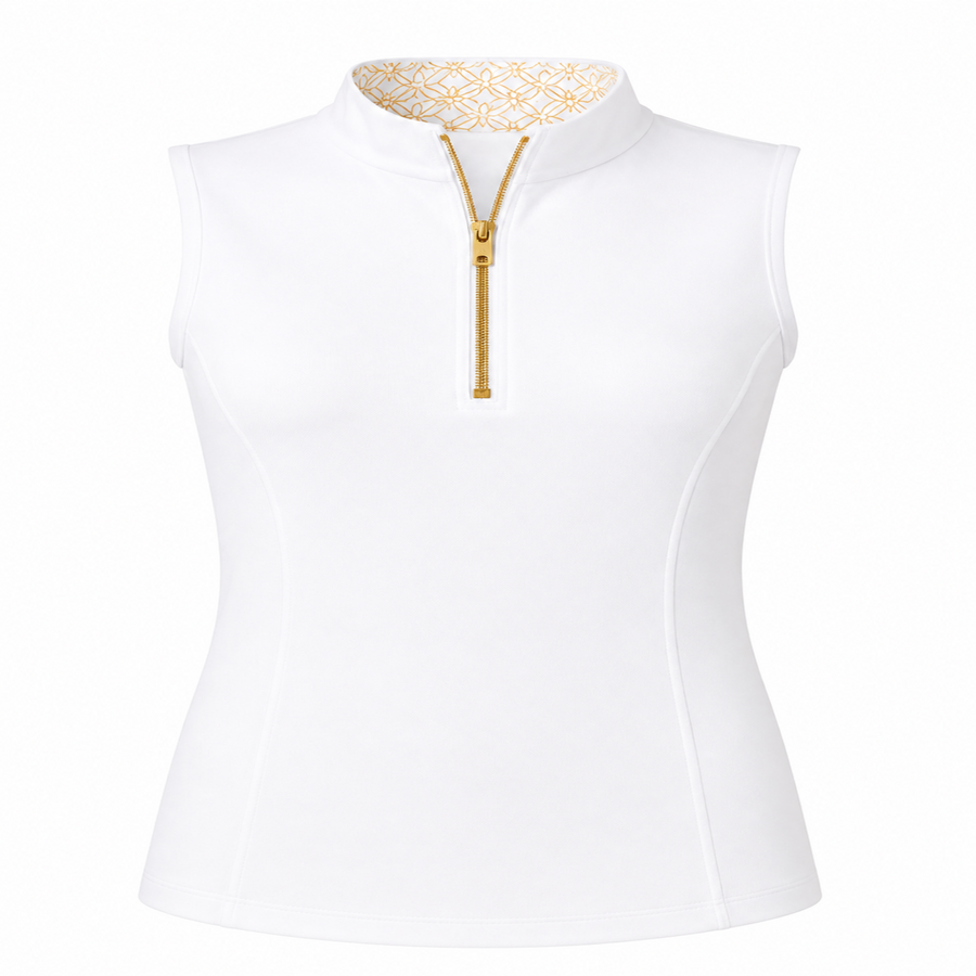 A white sleeveless golf top with a mock neck and a gold zipper, featuring a gold patterned lining inside the collar, shown on a plain white background.