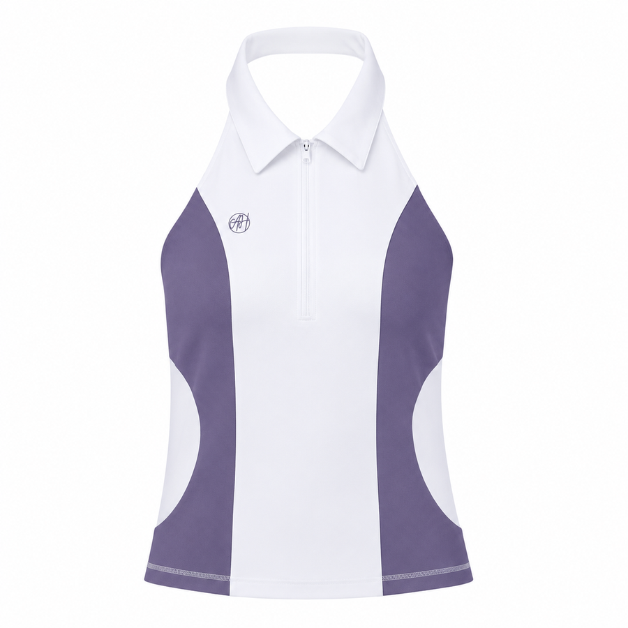 Purple Backless Polo with built in bra and elastic silicone. Luxury meets performace with moisture wicking fabric. 