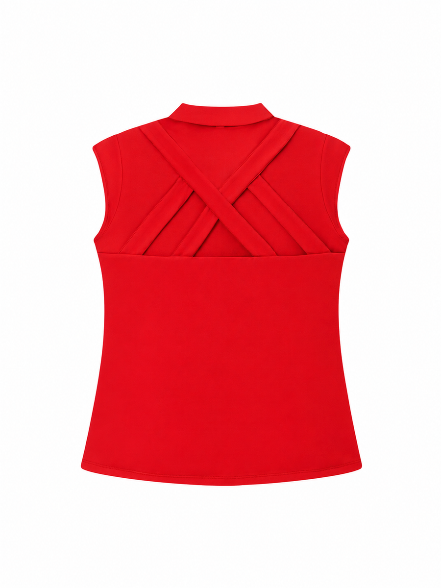 Susanna Polo by Ashley Herrera — performance-driven Red sleeveless activewear polo featuring a white zipper and playful polka dot mock collar for an elevated look on the course or court.