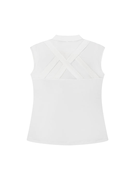 Susanna Polo by Ashley Herrera — performance-driven white sleeveless activewear polo featuring a sparkle silver zipper and playful polka dot mock collar for an elevated look on the course or court.