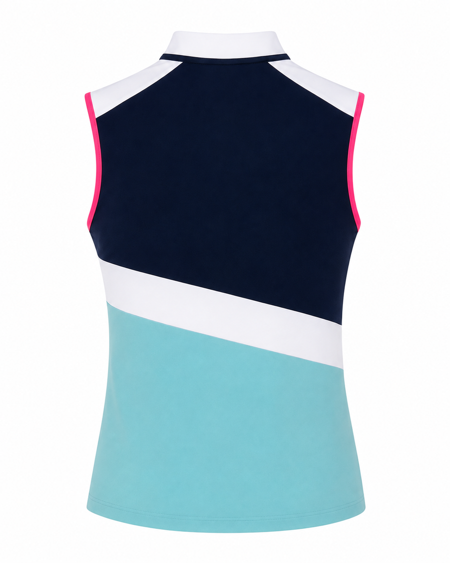 Back view of the Vivianne luxury performance golf polo in navy, white, and aqua.