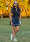 Navy & White Stripe Women’s Active Dress designed for golf, tennis, and pickleball, combining fashion forward style, ease of movement, and all-day comfort.