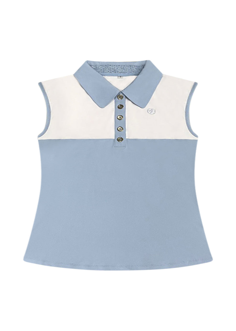 Vanessa Polo in Cloud Blue — women’s luxury sleeveless golf and tennis polo with silver button detailing, contrast inner collar fabric, and breathable vented back for all-day comfort.
