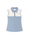 Vanessa Polo in Cloud Blue — women’s luxury sleeveless golf and tennis polo with silver button detailing, contrast inner collar fabric, and breathable vented back for all-day comfort.