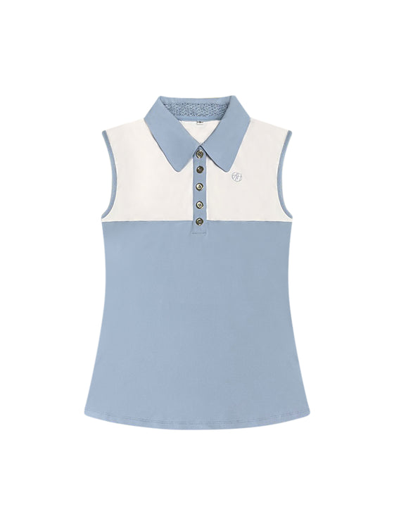 Vanessa Polo in Cloud Blue — women’s luxury sleeveless golf and tennis polo with silver button detailing, contrast inner collar fabric, and breathable vented back for all-day comfort.