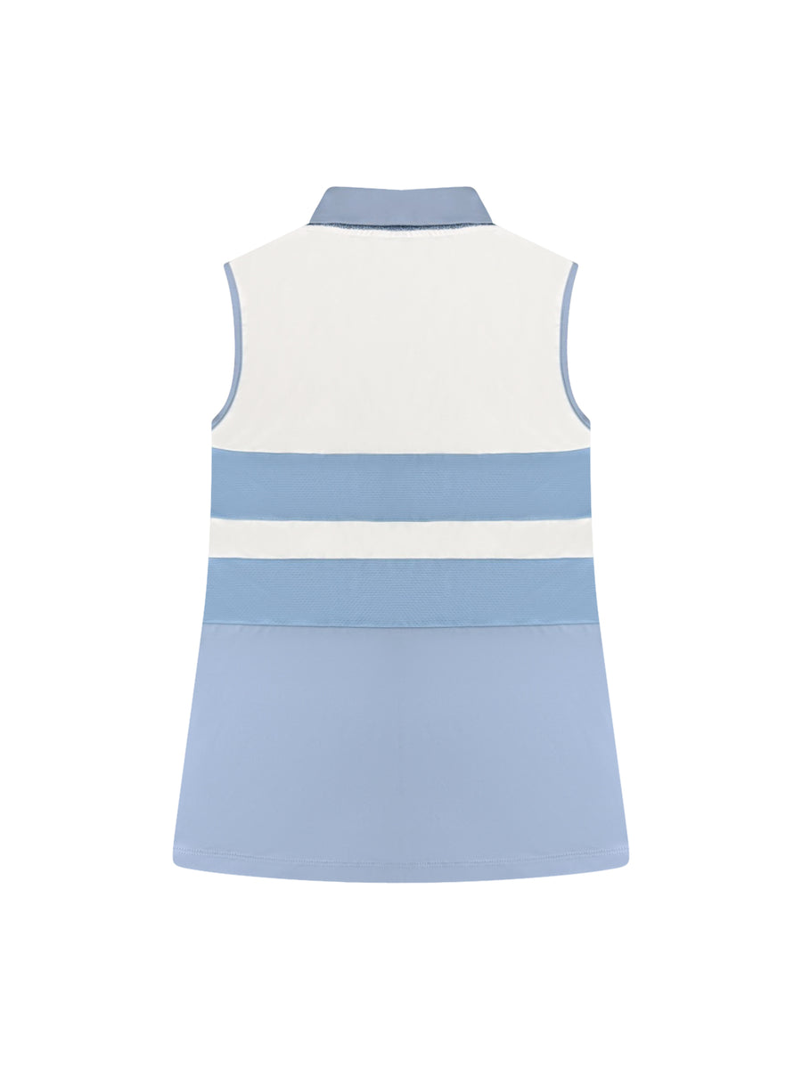 Detail view of Vanessa Polo — luxury sleeveless golf, Tennis, Pickleball polo in Cloud Blue with contrast under-collar fabric, silver buttons, and vented back panel for performance and style