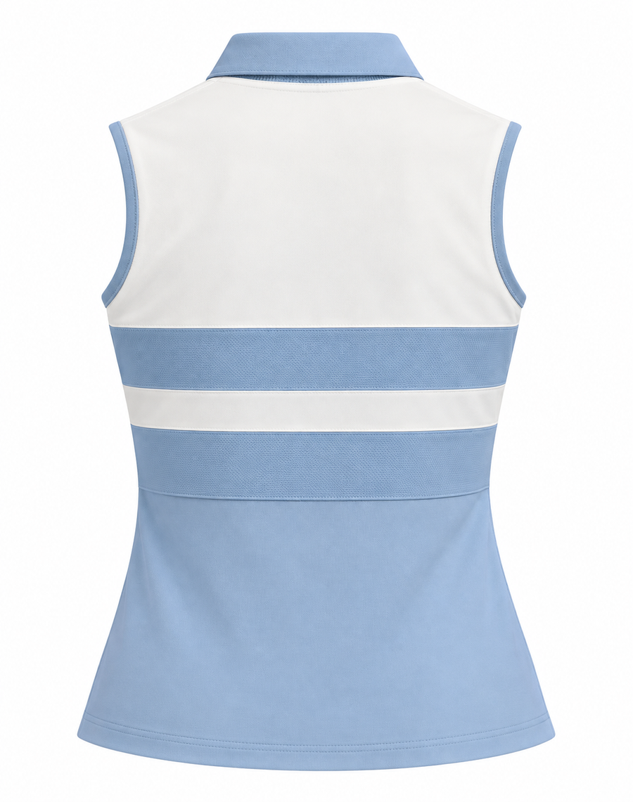 A sleeveless polo-style top shown from the back, featuring a white upper section, a wide light blue mesh fabric across the middle, and a solid light blue lower section and collar.