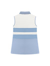 Detail view of Vanessa Polo — luxury sleeveless golf, Tennis, Pickleball polo in Cloud Blue with contrast under-collar fabric, silver buttons, and vented back panel for performance and style