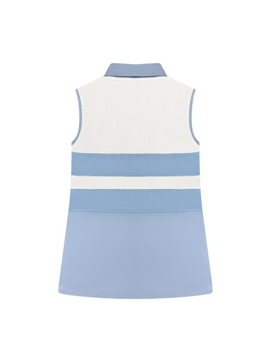 Detail view of Vanessa Polo — luxury sleeveless golf, Tennis, Pickleball polo in Cloud Blue with contrast under-collar fabric, silver buttons, and vented back panel for performance and style