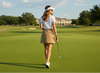 Model wearing Marjorie Luxury Skort — elegant and functional activewear skort for golf, tennis, or pickleball, crafted from breathable premium materials. Phoenix Double Collar Polo — luxury women’s golf polo with ribbon-detailed sleeves and elevated two-layer collar, designed for premium performance and sophisticated style.