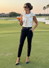 Women's luxury golf pants with black and white piping, called Mila Pants — stylish activewear designed for performance on the course and elegance at work. Great for Golf, Tennis, Pickleball or work.