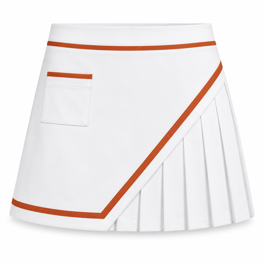 A white pleated skirt with a diagonal burnt orange stripe, a side pocket, and an asymmetrical hem, shown against a plain white background. Luxury custom skirt for golf 