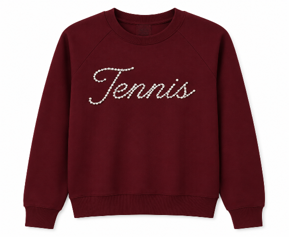 A maroon crewneck sweatshirt featuring the word 'Tennis' embellished with sparkling pearls across the chest, displayed on a clean white background.