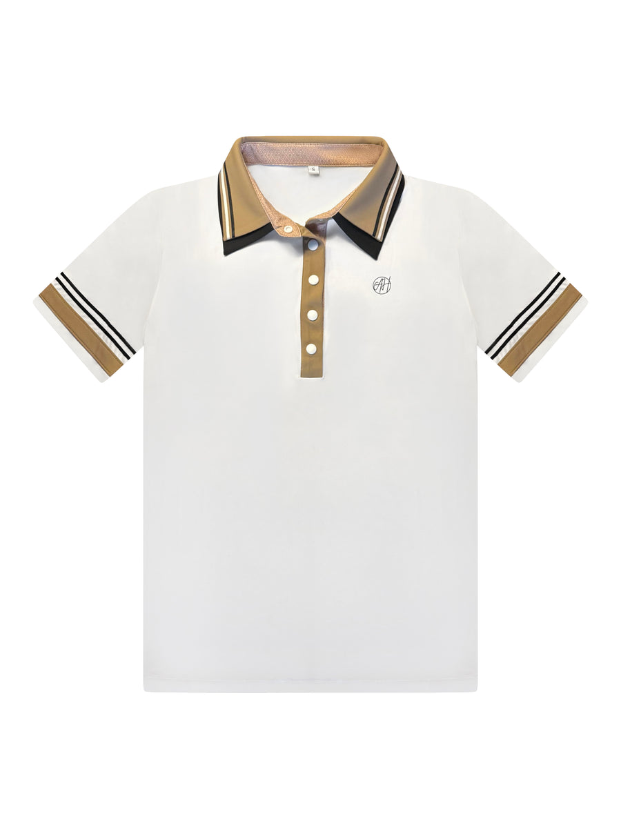 Phoenix Double Collar Polo — luxury women’s golf polo with ribbon-detailed sleeves and elevated two-layer collar, designed for premium performance and sophisticated style.