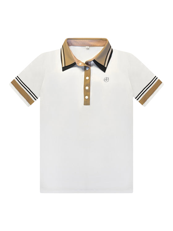 Phoenix Double Collar Polo — luxury women’s golf polo with ribbon-detailed sleeves and elevated two-layer collar, designed for premium performance and sophisticated style.