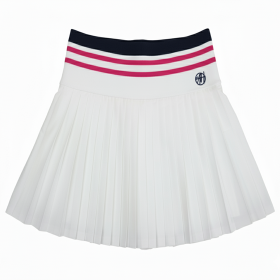 Sarah Flair Skort — women’s luxury activewear skort with a flowy silhouette and high-waisted red and white waistband, designed for golf, tennis, and all-day comfort.