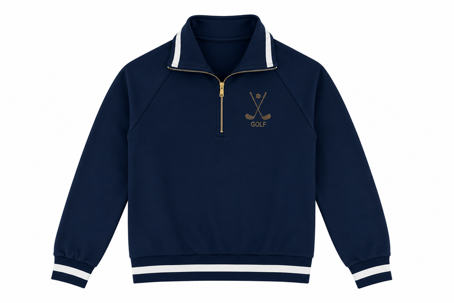 Navy blue pullover with white accents and a golf club emblem on a white background.Convenient 3-tee holder on the sleeve. Premium gold luxury zipper. Lightweight, comfortable, and course-ready