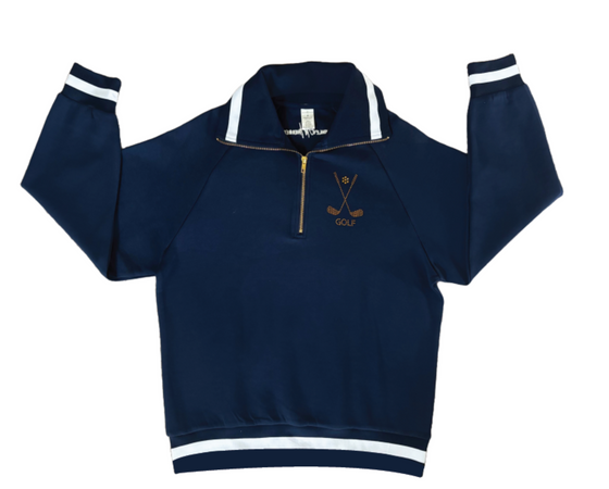 Navy blue pullover with white accents and a golf club emblem on a white background.Convenient 3-tee holder on the sleeve. Premium gold luxury zipper. Lightweight, comfortable, and course-ready