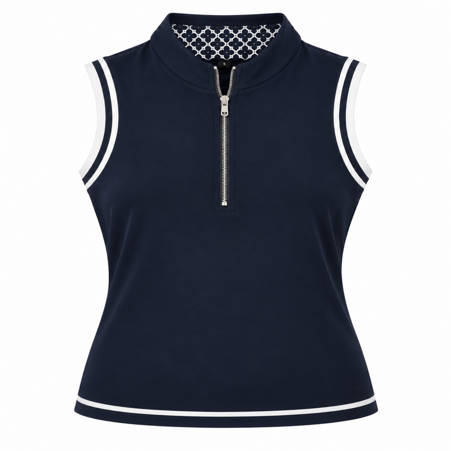 Women's Sutton Sleeveless Golf Polo in Navy and White – Classic Length