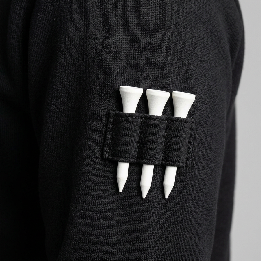 Close-up of three white golf tees held in stitched black loops on the right upper sleeve of the Signature Golf Pearl Pullover.