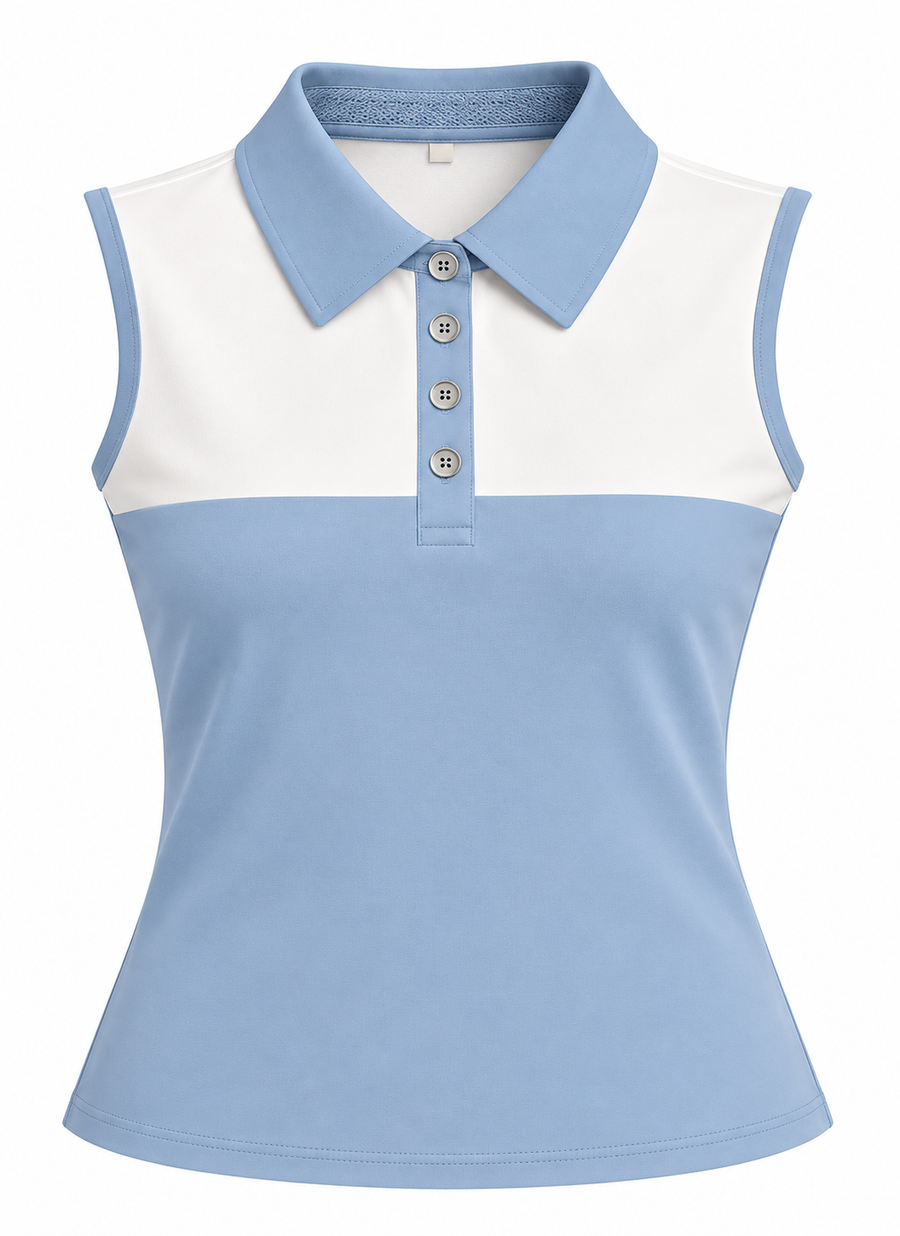 A women's sleeveless polo shirt in light blue and white, featuring a classic collar, three-button placket, and structured fit, shown on a plain white background.