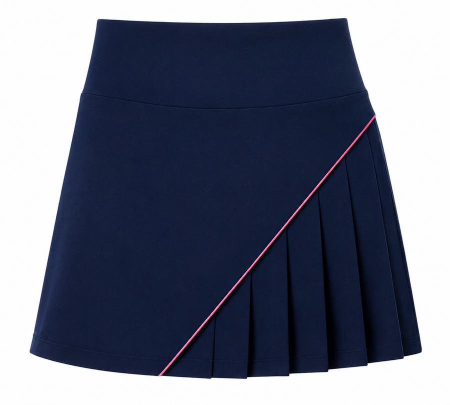 Shop the Vivianne 17" women’s golf skort in navy and pink. Features pleated detailing, hidden side and back pockets, and a polished performance fit.