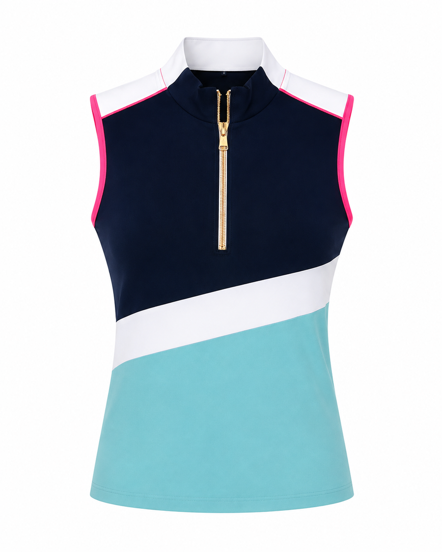 Front view of the Ashley Herrera Vivianne Luxury Performance Polo featuring a navy upper, white diagonal panel, aqua body, vibrant pink trim, white stand collar, and signature gold quarter-zip. Designed with premium performance fabric for golf, tennis, and pickleball.