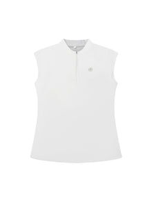  Women’s Susanna sleeveless polo in white with silver zipper and polka dot mock collar detail.