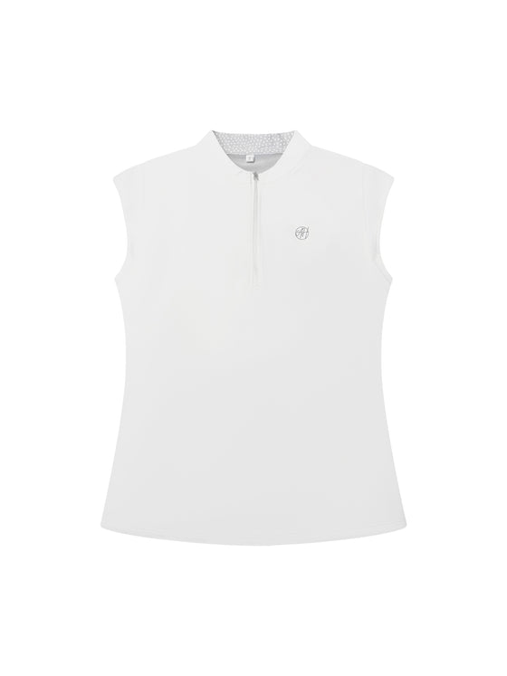 Women’s Susanna sleeveless polo in white with silver zipper and polka dot mock collar detail.