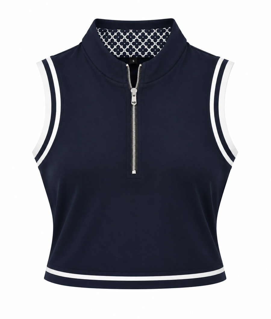 Sutton Sleeveless Polo in Navy and White with silver quarter-zip – front view Modern Length
