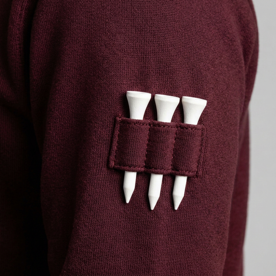 Close-up of three white golf tees held in stitched merlot loops on the right upper sleeve of the Signature Golf Pearl Pullover.