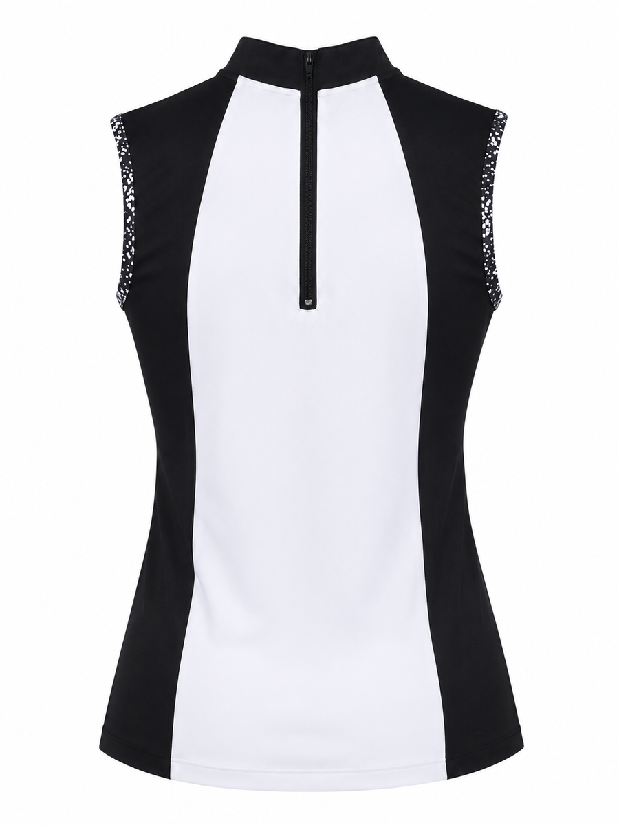 Back view of the Monaco Contrast Polo by Ashley Herrera Luxury Activewear featuring a black center back zipper and terrazzo trim detailing.