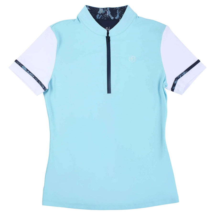 A navy and white short sleeve polo shirt with a zipper at the collar, featuring snake skin detailing on the sleeves and back.